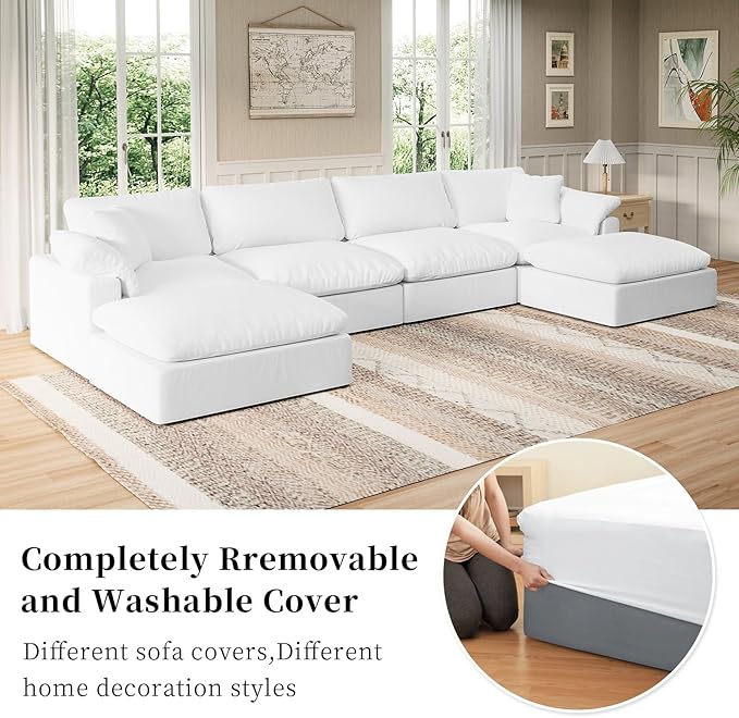 Modular Sectional Sofa Cloud Couch,Down Filled Comfy Cloud Modern Sofa,White Linen U Shape 6 Seater Oversized Couch Cushion Covers Removable for Living Room