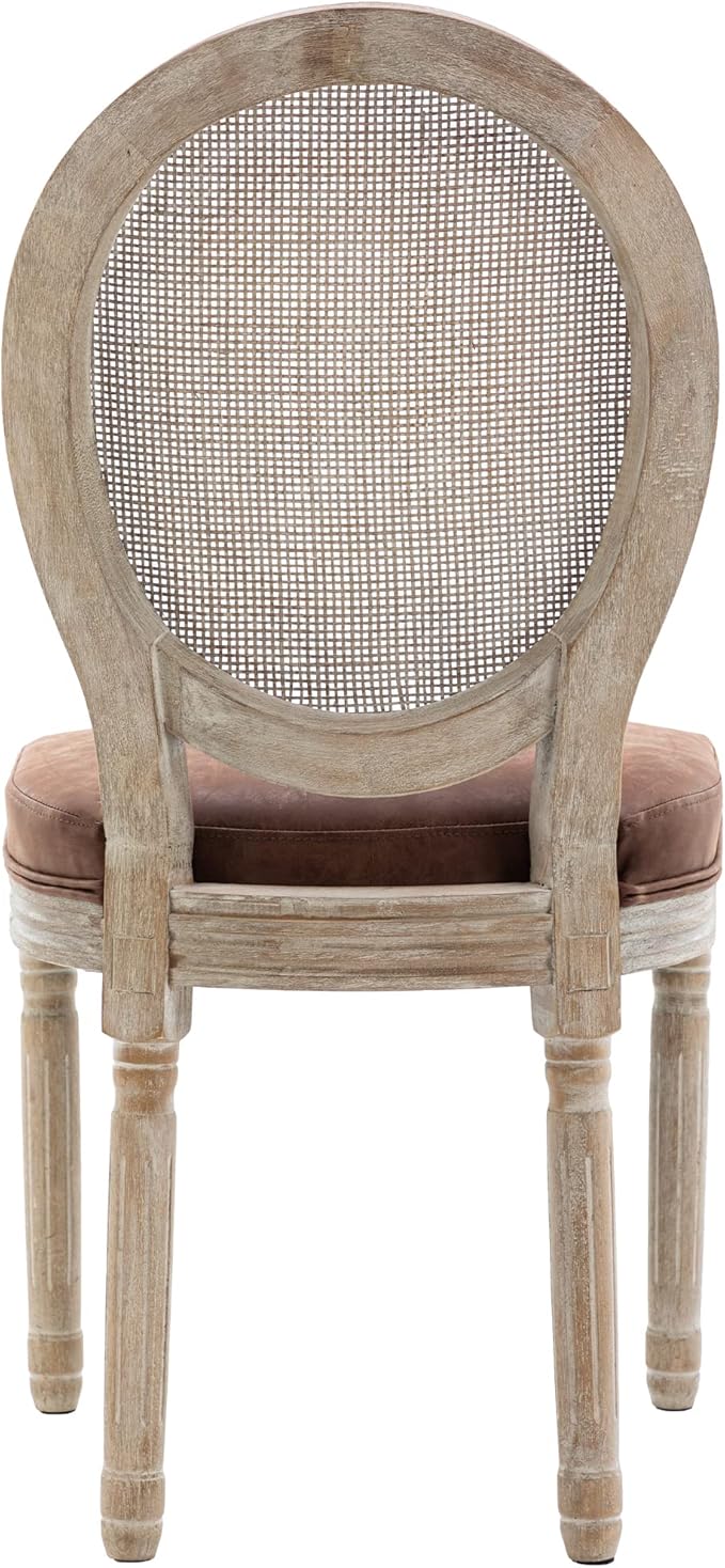 Farmhouse Leather Dining Room Chairs Set of 4 French Dining Chairs with Round Rattan Back French Bistro Chairs for Dining Room/Living Room/Kitchen/Restaurant, Brown