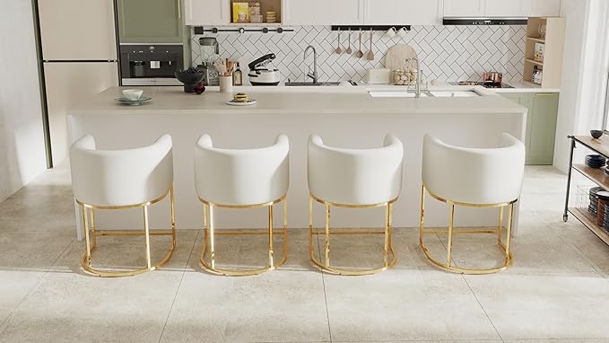 PU Leather Bar Stools Set of 3, Modern Upholstered Counter Height Bar stools 24" Leather Barstools Barrel Kitchen Counter Island Stools with Golden Metal Base, White