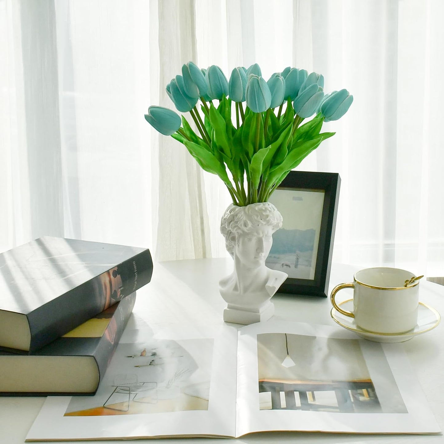 Mandy's Artificial Tulips 20 Stems Robin Egg Blue PU Faux Flowers for Wedding Home Decor 13.5 Inch