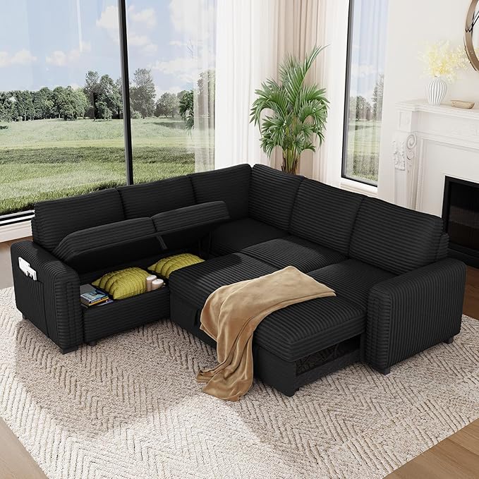 Vesgantti 88.4" Sectional Sleeper Sofa with Pull Out Bed, 5 Seater L Shaped Modular Sectional Couch with Storage, Comfy Corduroy Modular Couch for Living Room, Bedroom, Apartment, Black