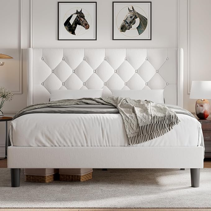 iPormis Queen Size Velvet Platform Bed Frame with Button Tufted Headboard, Upholstered Bed Frame with Solid Wooden Slats, 8" Underbed Space, No Box Spring Needed, Noise Free, Easy Assembly, White