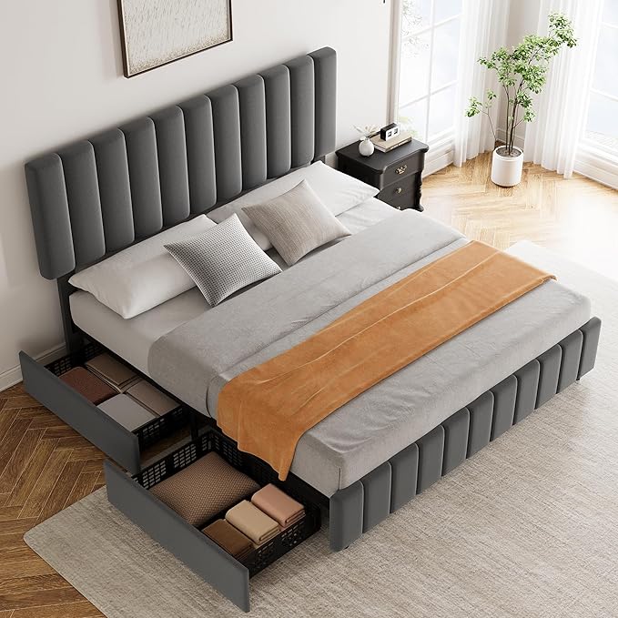 Garvee King Size Bed Frame with 4 Storage Drawers, Adjustable Height Headboard, Linen Upholstered Platform Bed Frame, No Box Spring Needed, Easy Assembly, Grey