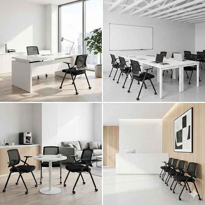 12 Pack Stackable Conference Room Chairs with Paddle Folding Office Chair Foldable Desk Chair Mesh Back and Arms for Conference Meeting Guest Reception Home Office Training Room Chair Black