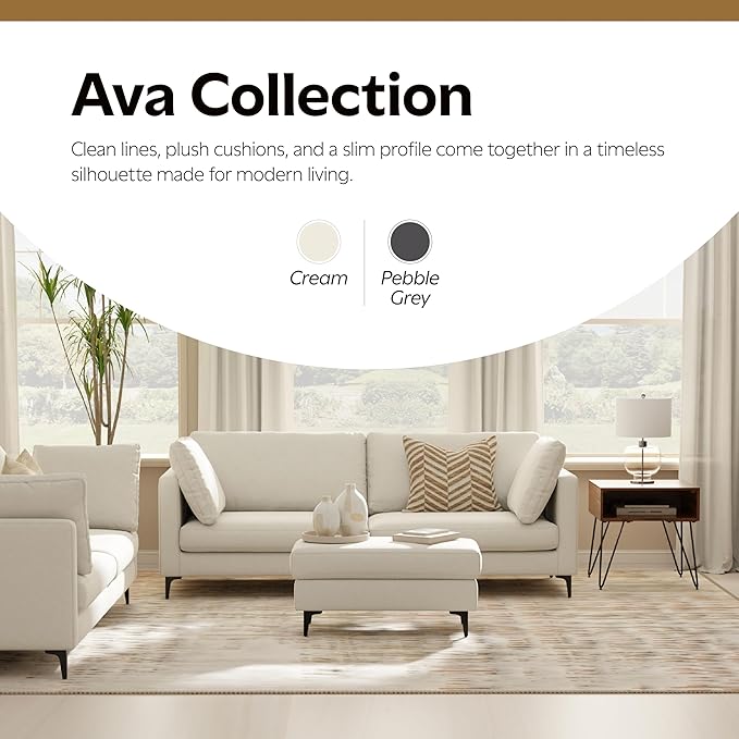 SIMPLIHOME Ava Sofa and Ottoman in 100% Recycled Polyester Performance Fabric, Cream, 90-inch-wide 3-Seater Couch and Matching 36-inch-wide Table Ottoman for Living Room, 2-Piece Set