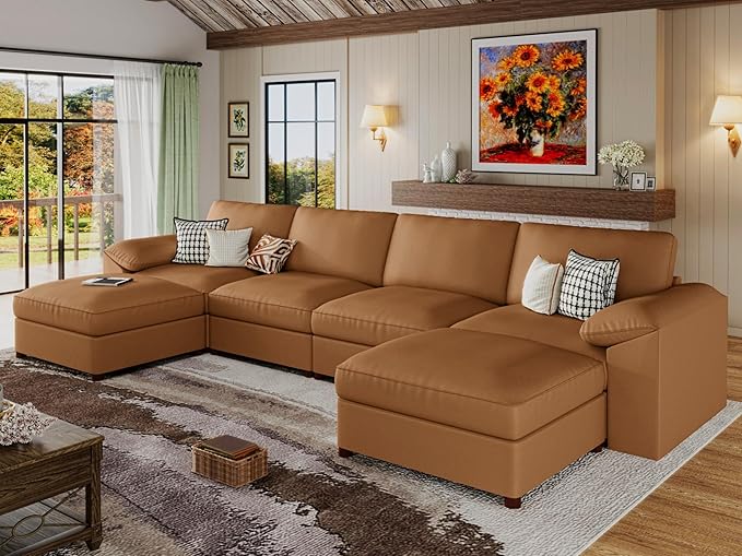 EASE MOOSE Oversized Modular Sectional Sofa,Leather Sectional Couch with Deep Seat,Extra Large U Shaped Couch,Faux Leather Material Sofa Modern Comfy Scratch Resistant,Brown