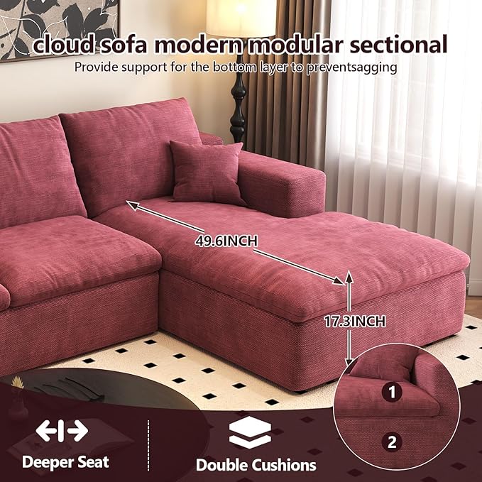 136.6'' L-Shaped Modern Modular Sectional Cloud Couch, 4-Seat Chenille Deep-Seat Sofa with Pillow for Living Room, Bedroom, Apartment, Wine Red