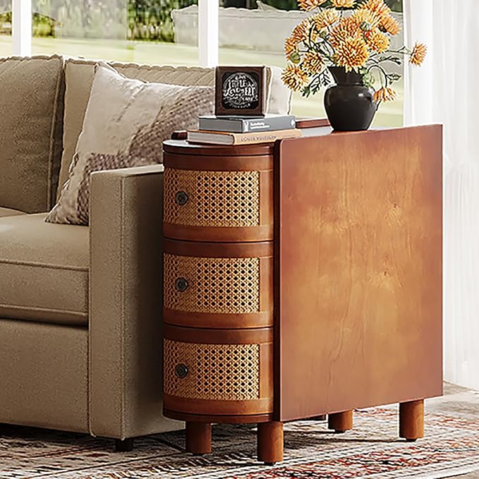 Tribesigns Solid Wood End Table, 3-Drawer Rattan Side Table, Night Stand with 3 Rattan Drawers and Exquisite Embossed Handles for Living Room, No Assembly Required (Walnut & Oak, 1PC)