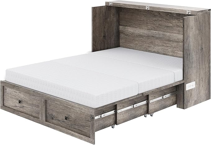 Full Murphy Bed with 6" White Tri-Fold Memory Foam Mattress, Storage Drawer & Charging Station, Space-Saving Design for Home Office or Guest Room, Rustic Grey