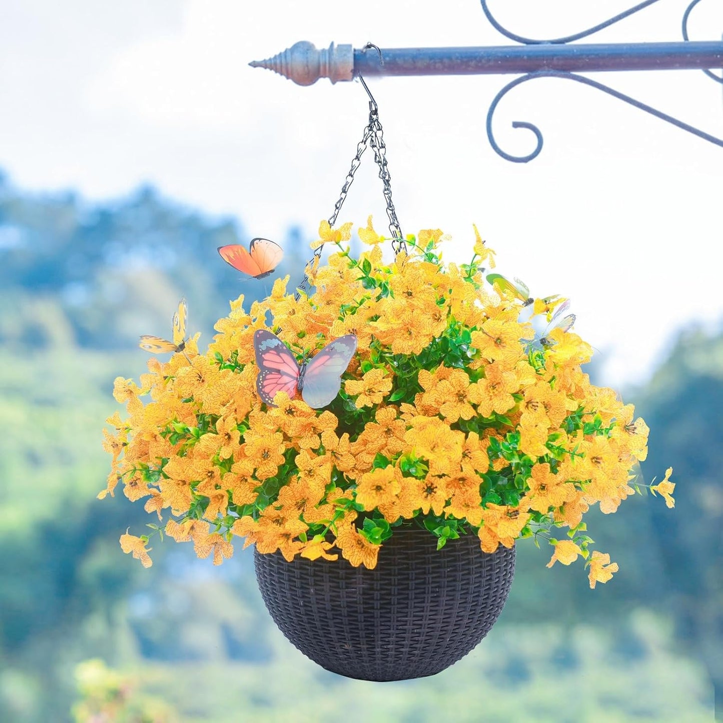 20 Bundles Artificial Flowers for Outdoors with 6 Faux Butterflies, UV Resistant Fake Flowers with Eucalyptus Leaves, Artificial Plants Outdoor for Patio Garden Porch Home Decor (Yellow)