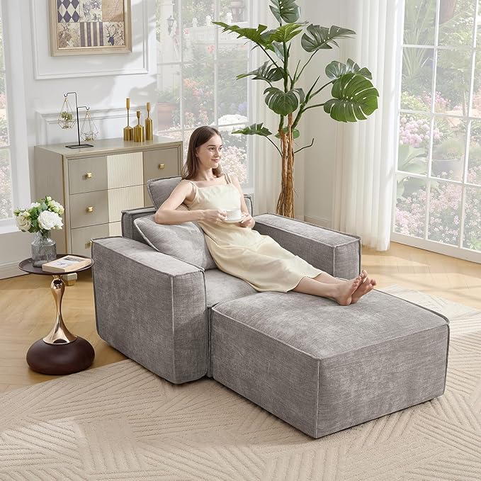 WILLOVE 47'' Single Sofa with Ottoman, Chenille Cloud Couch with Wide Armrests & 3 Pillows, Deep Seat Couches for Living Room, Grey