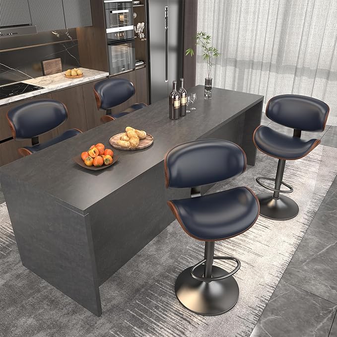 Counter Height Stools, Bar Stools for Kitchen Island with Bentwood Back and Leather Seat, Swivel Bar Stools for Kitchen Island, Deep Blue(1 PCS)