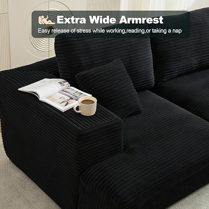 Modular Sectional Cloud Couch for Living Room,Modern Boneless Couche Set with Plush Corduroy,Comfy Floor Sofa with Memory Foam,Stupendous U Shaped Sofa with Ottoman,No Assembly Required,Black