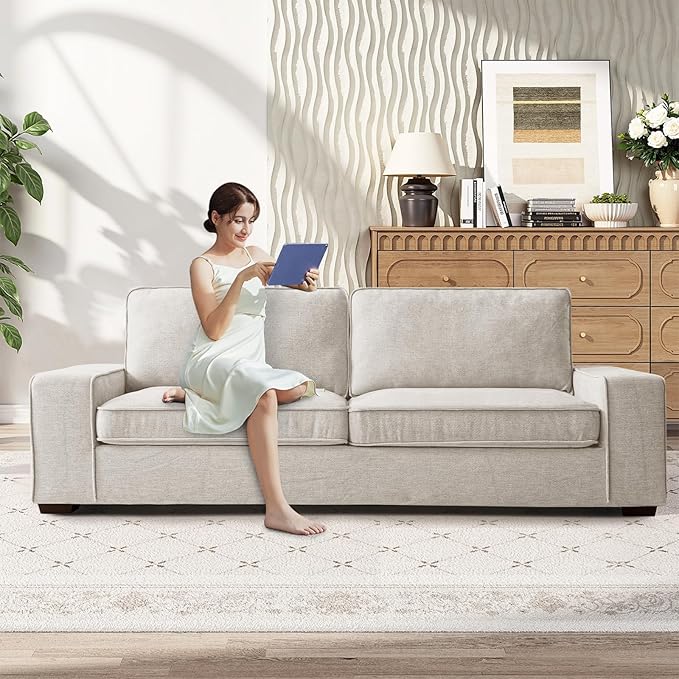 RISAR 88.58" Modern Sofa for Living Room, Chenille Couch with Removable Cover & Spring Cushions, Solid Wood Frame, Easy Assembly for Small Spaces (Beige)