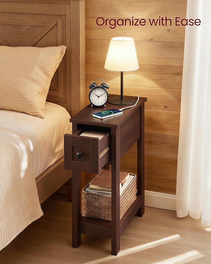 VASAGLE Narrow Side Table with Charging Station, Farmhouse End Table with Storage Drawer, Nightstand, Superfast Toolless Assembly, for Living Room, Bedroom, Saddle Brown ULET328K01