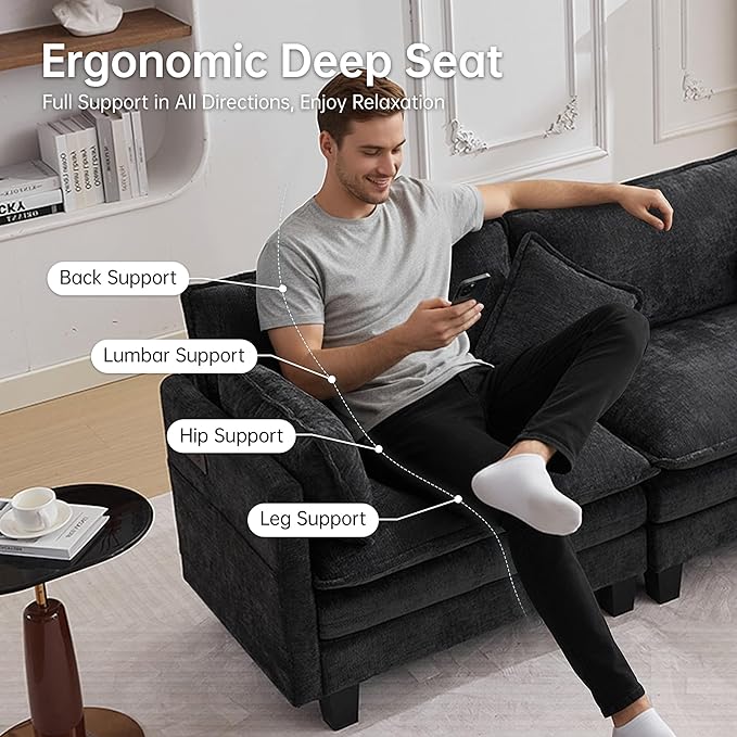 108" Modular Sectional Couches for Living Room with Ottoman, L Shaped Cloud Couch with Charger, USB & Type-c Port, Comfy Sofas with Deep Seat, Chenille Fabric, Black
