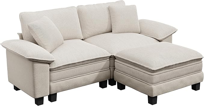 PHI VILLA Cloud Modular Couches Sets, 87.5" Sectional Loveseat Sofa with 1 Movable Ottoman, 3-Seater Comfy Couches for Living Room Apartment, Chenille & Corduroy Dual Fabric, Beige