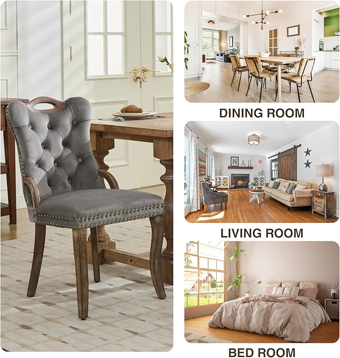 Velvet Dining Chairs Set of 6, Solid Wood Handles, Wooden Upholstered Dining Chair, Vintage Copper Nail Decoration, Mid Century Modern Kitchen Chair (Grey, Set of 6)
