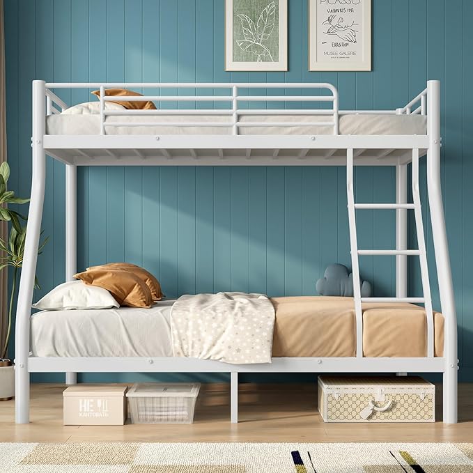 Bunk Beds Twin Over Full Size, Heavy Duty Bunk Beds with Bottom Space & Guardrail Metal Bunk Bed Frame for Adults - Dorm Bedroom Guest Room, No Box Spring Needed(Upgrate White)