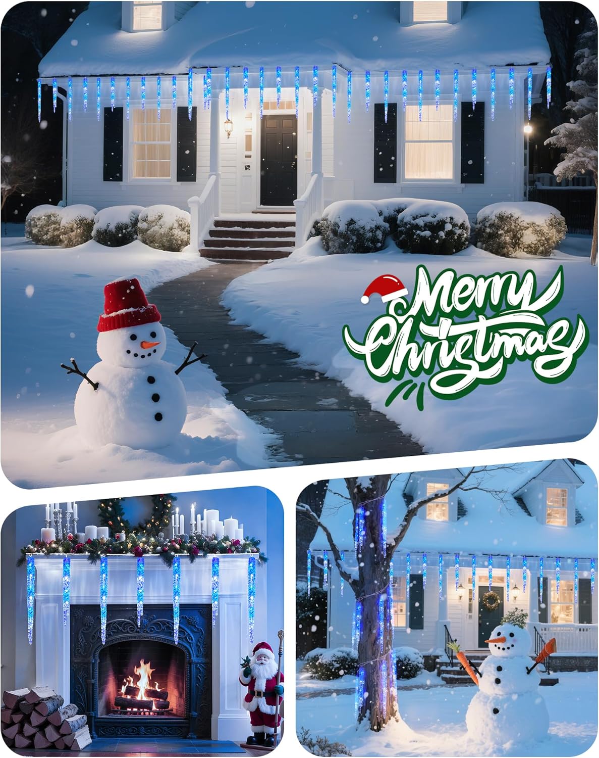 Minetom Icicle Lights Outdoor with Clips, 20ft 100 LED 20 Tubes Twinkling Icicle Strings Connectable Waterproof Hanging Christmas Lights Plug in for Eave Outdoor, Blue and White