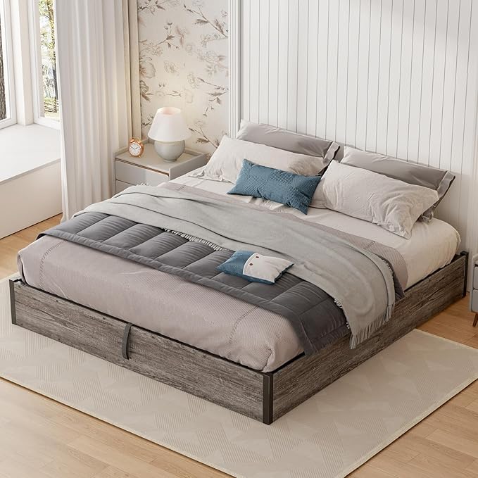 Lift Up Storage Bed Frame, Full Size Wooden Platform Bed with Large Storage Underneath, No Box Spring Needed, Noise Free, Rustic Grey