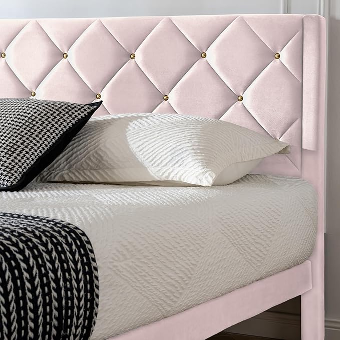Full Size Platform Bed Frame with Velvet Upholstered Headboard and Sturdy Wooden Slats Support,Mattress Foundation,Easy Assembly, No Box Spring Needed,Slip Resistant (Pink, Full)