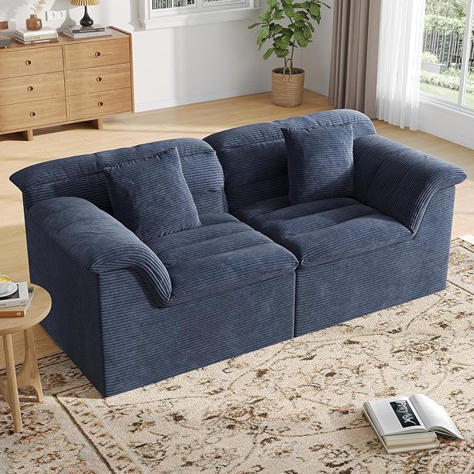 81" Sofa with Deep Seats Oversize, 2 Seater Cloud Couches, Upholstered Corduroy Loveseat for Living Room Bedroom, No Assembly Required, Blue