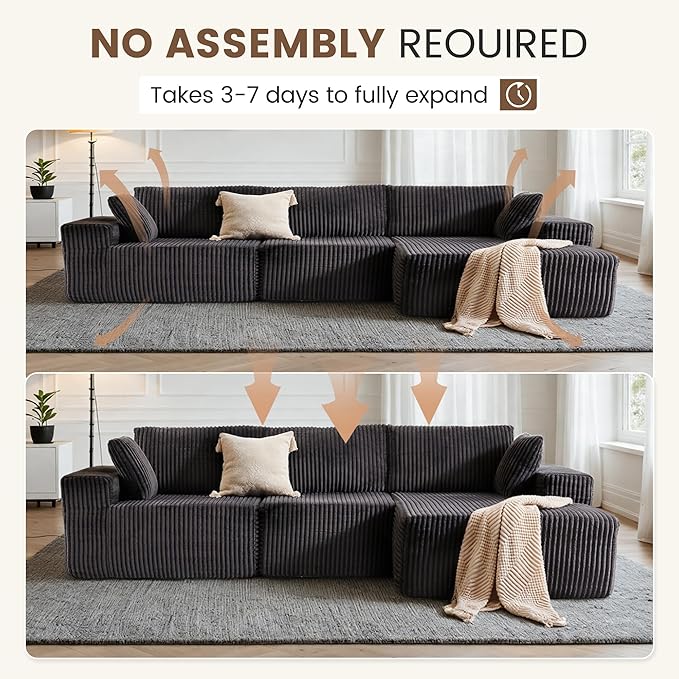 Apicizon 113" Sectional Sofa Couch for Living Room, 3 Seat Boneless Sofa with Chaise Longue, L-Shape Modular Sectional Couches with Deep Seat for Apartment,No Assembly Required (Stripe Corduroy Gray)