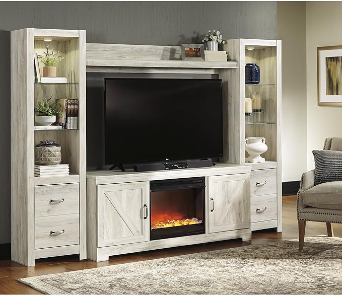 Signature Design by Ashley Bellaby Farmhouse 4-Piece Entertainment Center for TVs up to 72" with Fireplace and LED Lighting, Whitewash