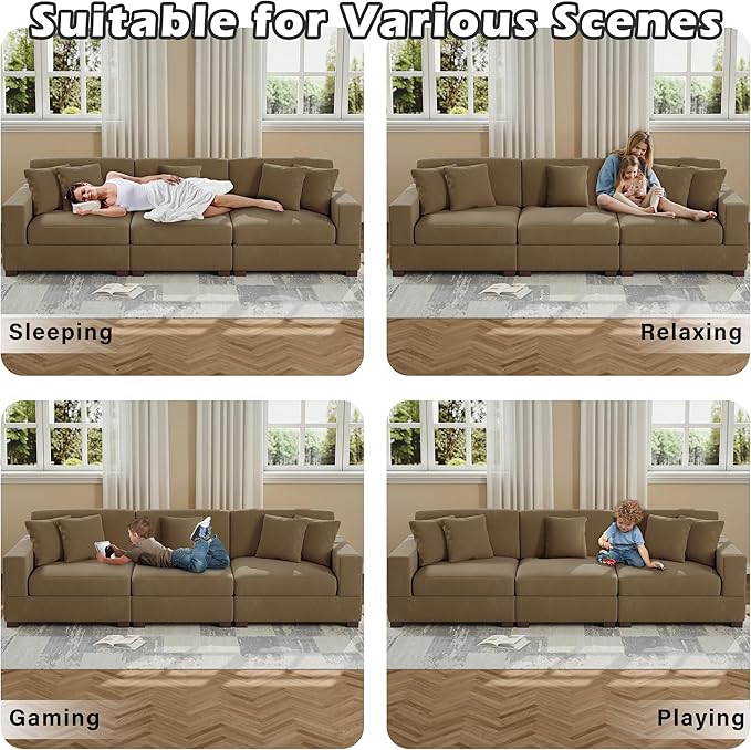 Modular Sectional Couches for Living Room, 118" Modern Upholstered 3-Seater Sofa Couche for Living Room Bedroom, Camel