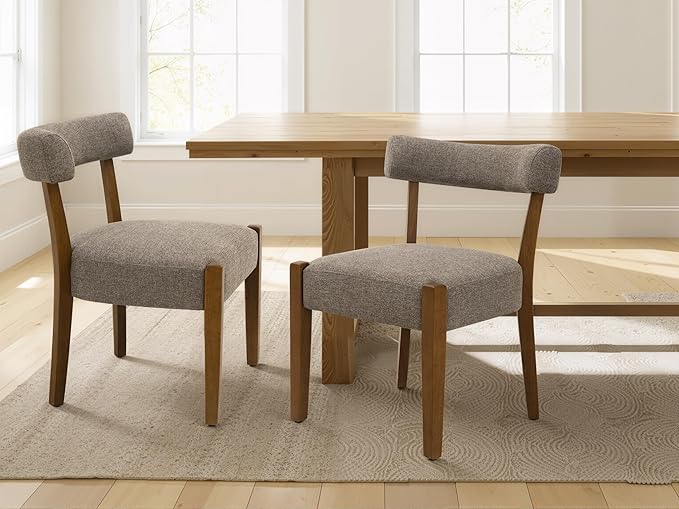 Modern Dining Chairs Set of 6, Walnut Upholstered Kitchen & Dining Room Chairs, Mid Century Wooden Dining Chairs Oversized Sturdy Fabric Rounded Chairs Curved Back, Tan Brown