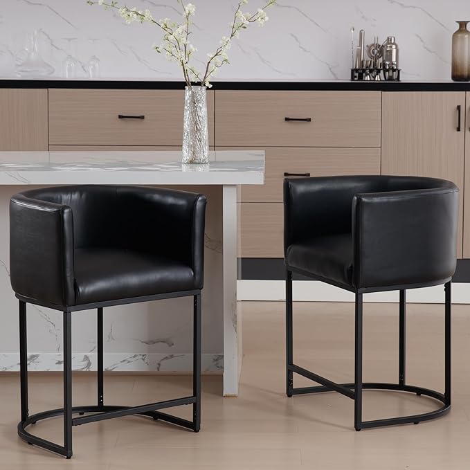 PU Leather Bar Stools Set of 2, Modern Upholstered Counter Height Bar stools 24" Leather Barstools Barrel Kitchen Counter Island Stools with Black Metal Base, Black
