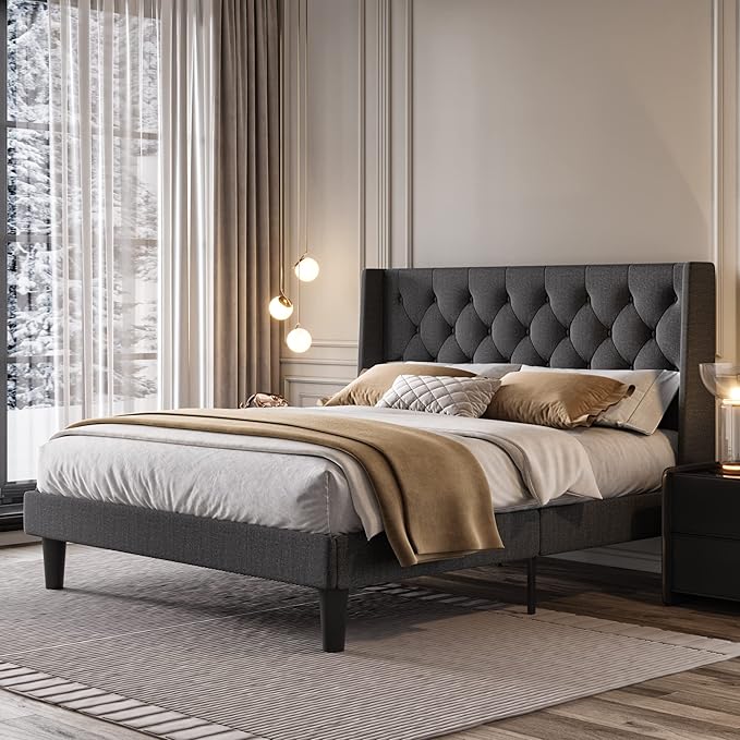 SHA CERLIN Queen Size Platform Bed Frame with Upholstered Headboard and Wingback, Button Tufted Design, Easy Assembly, No Box Spring Needed, Dark Grey