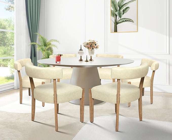 Modern Dining Chairs Set of 8, Faux Leather Upholstered Kitchen & Dining Room Chairs, Mid Century Modern Wooden Dining Chairs Oversized Sturdy Rounded Chairs Curved Back, Beige