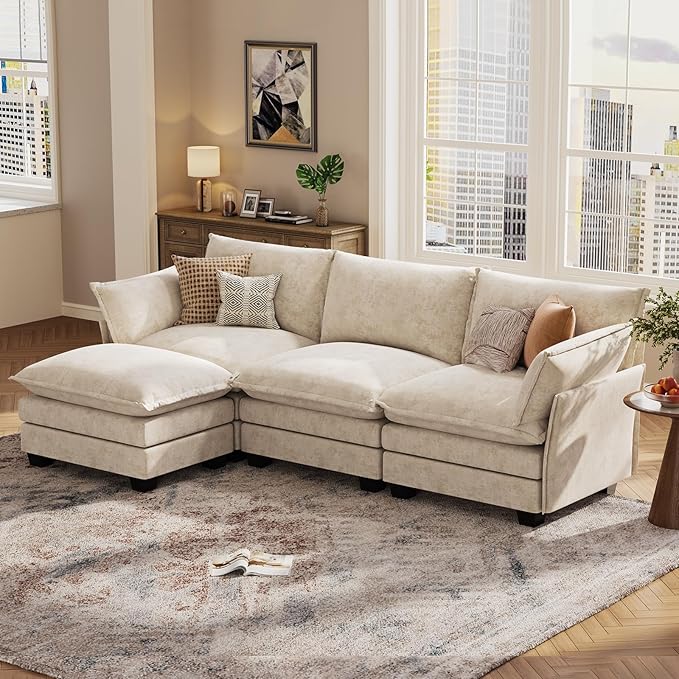 KKL 91.3" Modular Sectional Sofa, L-Shaped 4 Seater Cloud Couch with Ottoman, Chenille Modern Sectional Couches for Living Room, Apartment, Beige