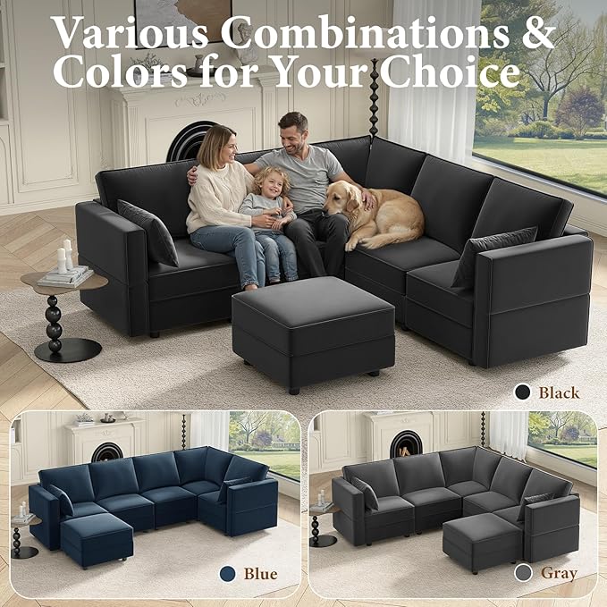 Vesgantti Sectional Couches with Storage Seats, 92" L Shaped Convertible Modular Sectional Sofa, 5 Seat & 1 Ottoman Velvet Storage Chaises Deep Seat Couch for Living Room, Bedroom, Apartment, Black