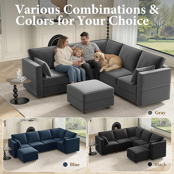 Vesgantti Sectional Couches with Storage Seats, 92" L Shaped Convertible Modular Sectional Sofa, 5 Seat & 1 Ottoman Velvet Storage Chaises Deep Seat Couch for Living Room, Bedroom, Apartment, Gray