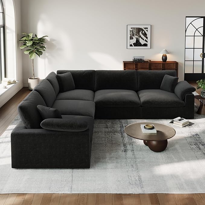 Cloud Modular Couch for Living Room,5 Seat V Shape Linen Blend Sofas,Modern Deep Seat Cloud Sofas,Convertible Comfort Down Filled Sectional Couches,Removable Washable Cushion Covers,Black