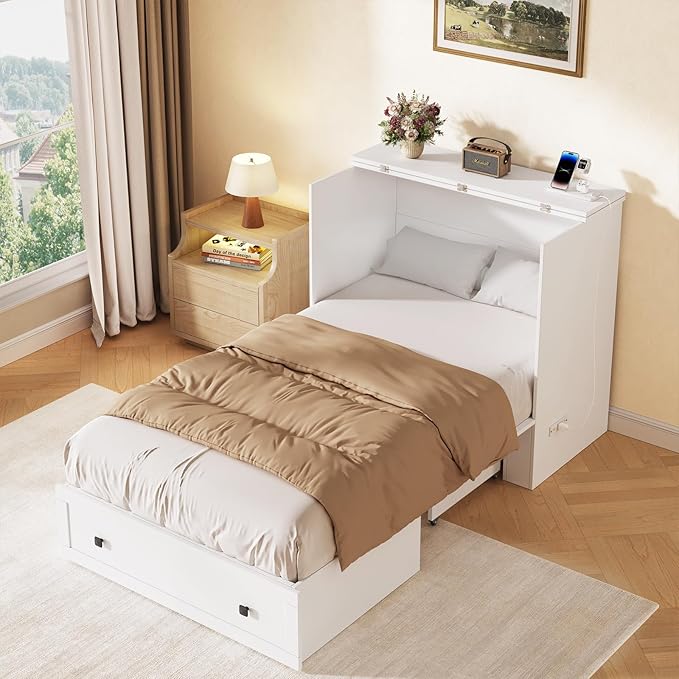Murphy Bed with Built-in Charging Station, Space-Saving Murphy Bed Chest Twin with Drawer, Foldable, for Home Office Guest Room Bedroom White