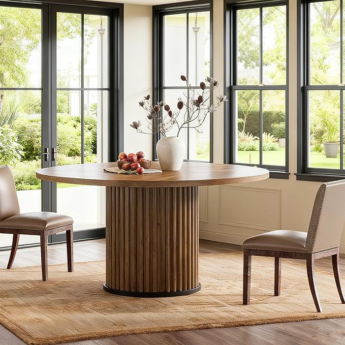 Tribesigns Round Dining Table for 4-6, 47-Inch Modern Circle Kitchen Table with Fluted Round Base, Farmhouse Wood Dinner Table for Dining Room, Kitchen, Living Room, Brown