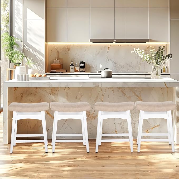 ALPHA HOME Bar Stools Set of 3, Solid Wood Saddle Kitchen Stools with Grey PU Leather Cushion Counter Height Barstools with Wooden Base for Kitchen Dining Cafe, 24 Inch, 3PCS