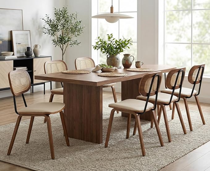 Mid-Century Dining Chairs Set of 2, PU Leather Kitchen Chairs with Rattan Backrest Wooden Legs Armless Design for Dining Room Living Room, Beige