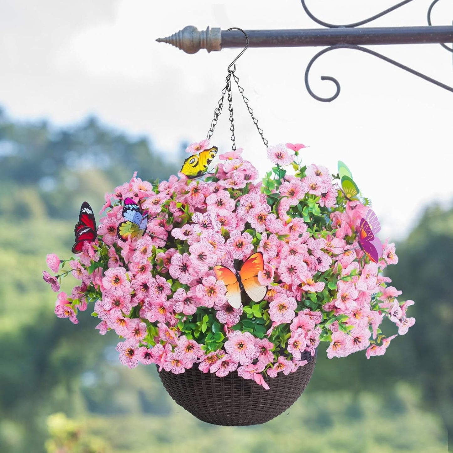 20 Bundles Artificial Flowers for Outdoors with 6 Faux Butterflies, UV Resistant Fake Flowers with Eucalyptus Leaves, Artificial Plants Outdoor for Patio Garden Porch Home Decor (Pink)