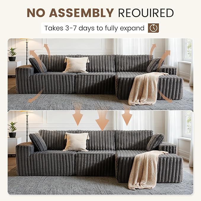 Apicizon 113" Modular Sectional Couch for Living Room, L Shaped Sectional Sofa Couch with Deep Seat, 3 Seat Boneless Sofa with Chaise Longue for Apartment,No Assembly Required (Plush Corduroy Gray)
