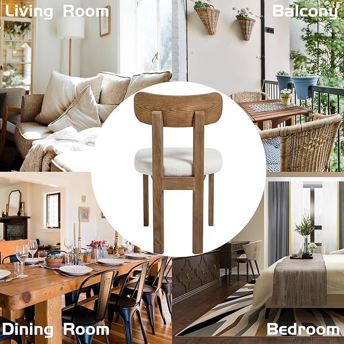 Beige Dining Chairs Set of 2, Mid Century Modern Linen Dining Room Chairs with Curved Back, Armless Kitchen Chairs for Living Room/Restaurant/Balcony/Bedroom/Home Desk/Task