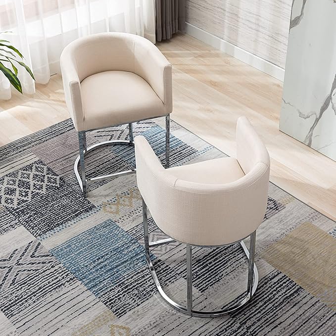 Contemporary Cream Linen Bar Stools Set of 3, 24" Upholstered Fabric Counter Height Barstools Kitchen Counter Island Stools with Screwed Together Chrome Finish Base