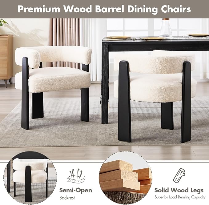Modern Boho Dining Chairs Set of 6, White Boucle Upholstered Barrel Armchairs with Plush Teddy Fabric, Solid Black Wooden Legs, Mid-Century Accent Chairs for Dining Room, Living Room, Kitchen