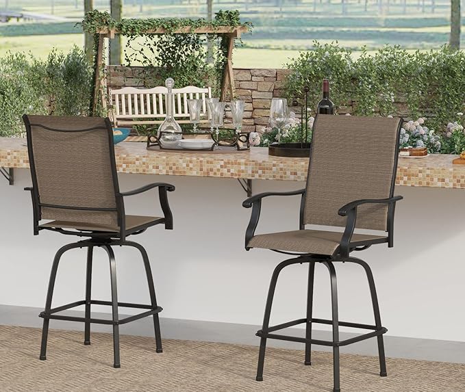 Sophia & William Swivel Bar Stools Set of 2, Bar Height Chairs, Outdoor Bar Chairs, High Top Patio Chairs, Supports 300 lbs (Brown Fabric)