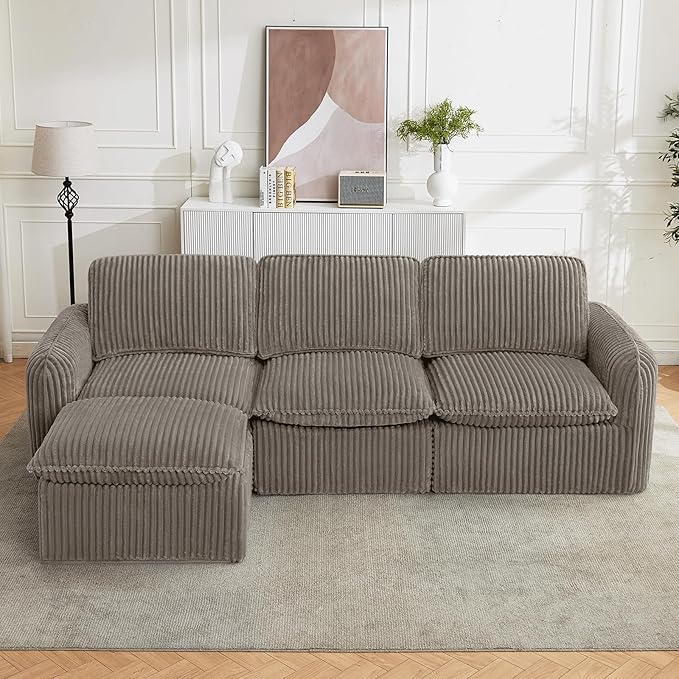 110'' Boneless Modular Cloud Couch for Living Room, Comfy Cloud Modular Sectional Couch with Ottoman, Convertible L Shaped Couches for Apartment, Dorm, No Assembly Required, Camel Corduroy