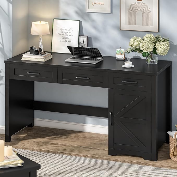 Vabches Farmhouse 59" Executive Desk,Computer Desk with 3 Drawers and Storage Cabinet,Home Office Desk for Work and Study. Pure Black